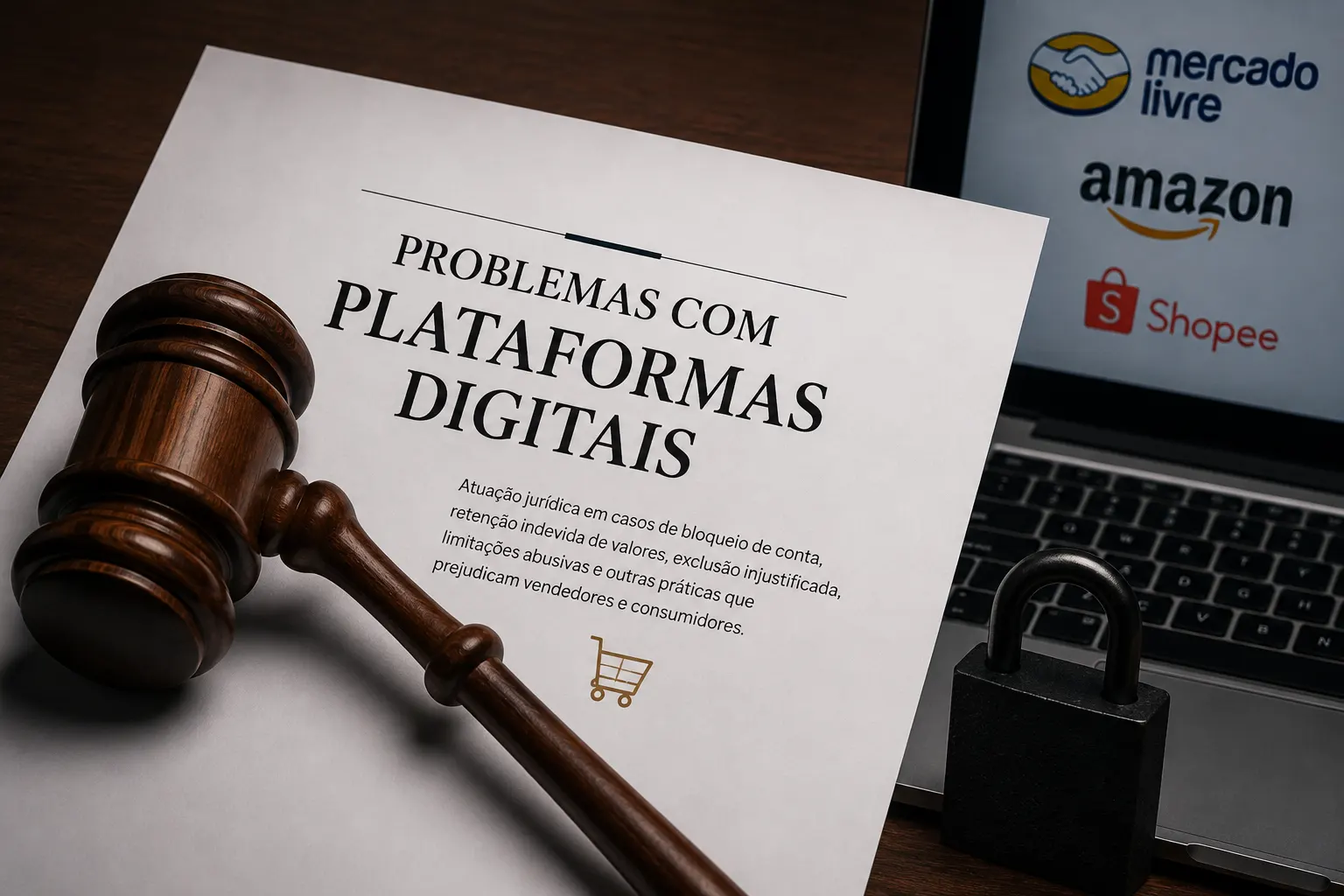 Documento sobre problemas com plataformas digitais, ao lado de um notebook e de um cadeado